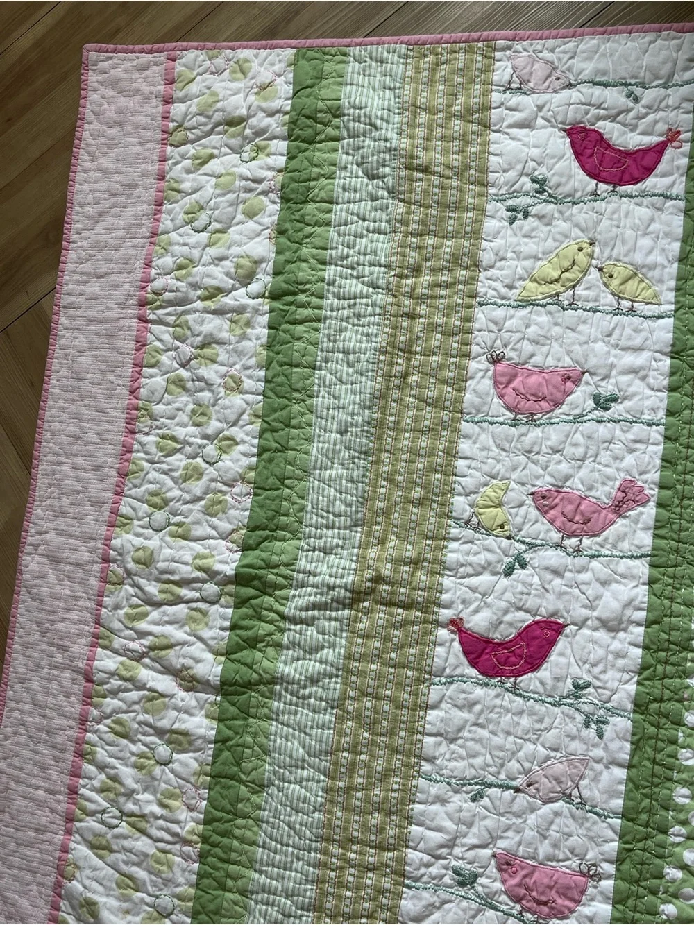Pottery Barn Kids Tweet Bird Baby Quilt Pink Green 33" x 48" - Picture 4 of 12